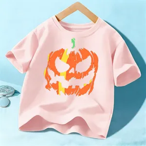 Kids pink short sleeve t-shirt with spooky Halloween pumpkin graphic for children daily wear.