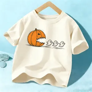 Camiseta de manga corta de Halloween para niños con estampado de calabaza, parte superior casual.