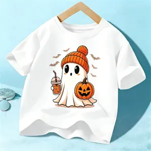 T-shirt blanc à manches courtes Halloween pour enfants avec joli imprimé fantôme, top en coton.