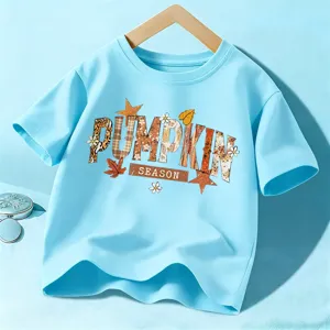Kinder Herbst Kurzarm T-Shirt, hellblau süßes Kürbis Buchstaben Grafik Kinder Oberteil