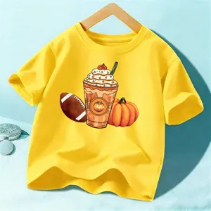 Kids Halloween short sleeve t-shirt, autumn pumpkin graphic casual yellow top for boys and girls.
