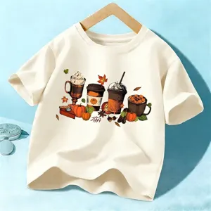 Camiseta corta beige para niños con estampado gráfico de café de otoño y calabaza linda.