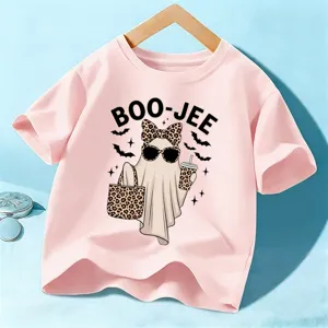Kinderen Halloween Korte Mouw T-Shirt Roze Schattige Geest Luipaard Strik Grafische Top