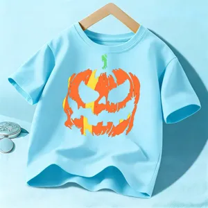 Kids Halloween short sleeve t-shirt light blue cute pumpkin graphic top for boys and girls