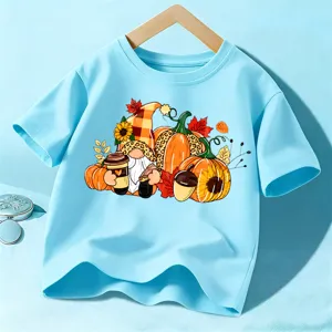 Kinder herfst Halloween korte mouw t-shirt, schattige gnoom pompoen print top voor jongens meisjes.