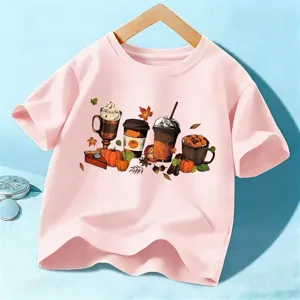 Niños lindo otoño calabaza café gráfico rosa camiseta de manga corta parte superior