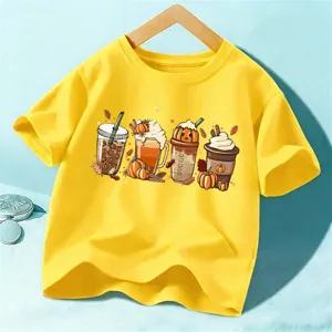 Kids Halloween Pumpkin Spice Latte Graphic Short Sleeve Cotton T-Shirt Yellow Casual Top