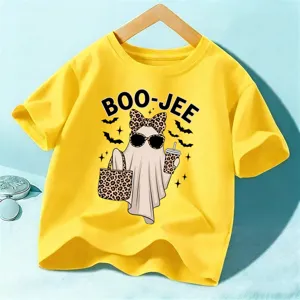 Kinderen Halloween Korte Mouw T-shirt Schattige Geest Luipaard Strik Gele Top Hoofdweergave