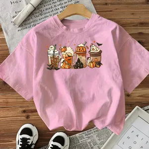 Pink Halloween short sleeve t-shirt with cute ghost and coffee pumpkin graphic design.