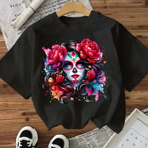 Halloween sugar skull graphic black short sleeve t-shirt festival women top casual wear