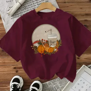 Autumn Pumpkin Coffee Print Women T-Shirt Casual Short Sleeve Holiday Tee Top Outfit