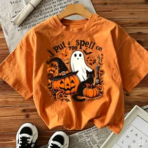 Halloween pumpkin ghost graphic print orange short sleeve t-shirt for spooky season.