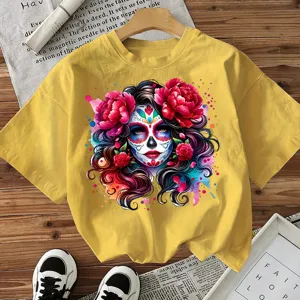 Women Yellow Short Sleeve T-Shirt Casual Festival Sugar Skull Graphic Top Halloween Tee