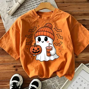 Women Casual Halloween Ghost Pumpkin Print Short Sleeve Crew Neck T Shirt Loose Basic Top