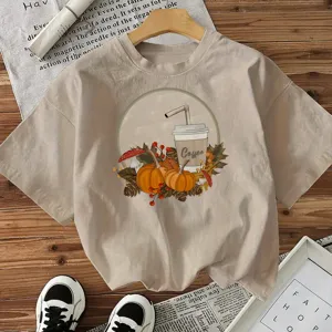 Casual autumn pumpkin coffee graphic print short sleeve beige t-shirt for women daily wear.