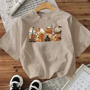 Halloween pumpkin ghost coffee cup graphic short sleeve casual beige t-shirt for women.