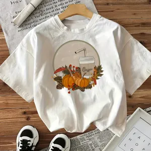 Casual white short sleeve t-shirt with autumn coffee pumpkin graphic for women.