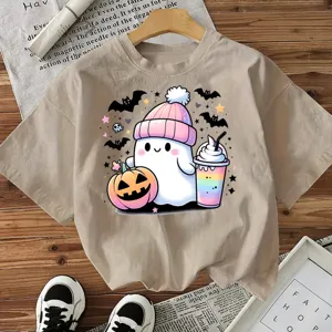 Camiseta Casual de Algodón de Manga Corta con Cuello Redondo y Estampado de Fantasma y Calabaza de Halloween para Mujer