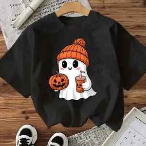 Cute Halloween ghost print black short sleeve t-shirt, casual loose holiday top for women.