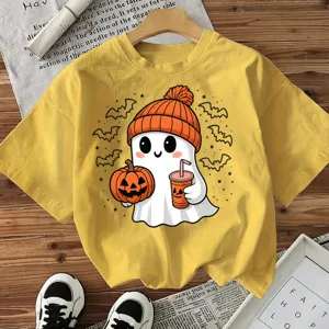 Halloween Cute Ghost Graphic Print Short Sleeve T-Shirt Casual Yellow Top for Women