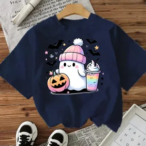 Camiseta de manga corta con gráfico de fantasma de Halloween, top azul oscuro casual.
