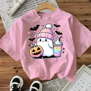 Camiseta rosa con gráfico de fantasma de Halloween bonita parte superior casual de manga