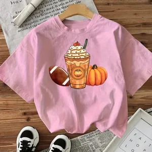 Pink short sleeve t-shirt with autumn pumpkin latte and football graphic print for women