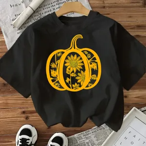 Women's Halloween Pumpkin Sunflower Print Casual Crew Neck Short Sleeve Cotton T-Shirt Loose Basic Top