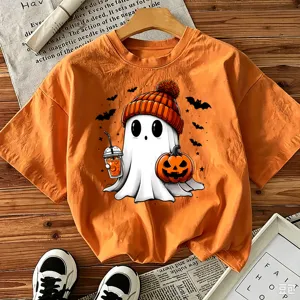 Halloween cute ghost graphic short sleeve orange t-shirt casual holiday festival top for women