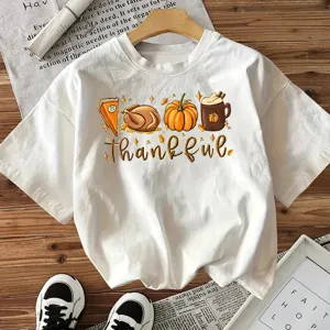 Casual white short sleeve t-shirt featuring Thanksgiving thankful graphic print for women daily wear.