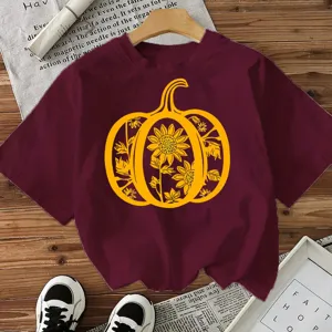 Burgundy short sleeve t-shirt featuring a yellow pumpkin sunflower graphic print top main view
