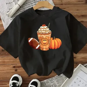 Black short sleeve t-shirt featuring a cute autumn pumpkin spice and football graphic.
