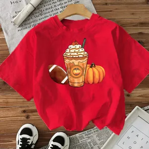 Red short sleeve t-shirt featuring festive autumn pumpkin and coffee graphic for women.