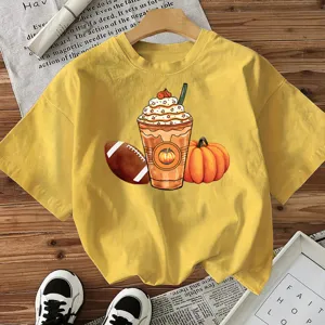 Women's autumn pumpkin coffee graphic short sleeve casual t-shirt daily wear top.