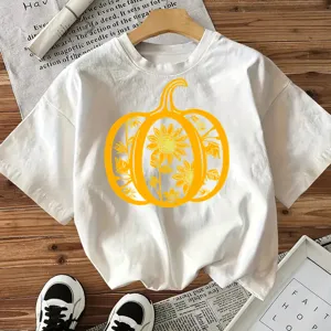 Halloween sunflower pumpkin graphic print short sleeve white cotton t-shirt for women