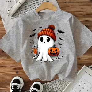 Halloween ghost graphic grey short sleeve t-shirt, casual festive top for women daily wear.