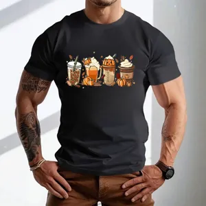 Ανδρικό μαύρο κοντομάνικο t-shirt με χαριτωμένο φθινοπωρινό γραφικό καφέ κολοκύθας.