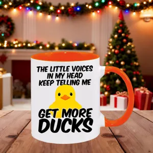 Cute funny duck ceramic coffee mug with orange handle, perfect holiday gift for friends.