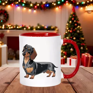 Cute dachshund ceramic coffee mug with red handle, perfect gift for dog lovers and holiday decor.