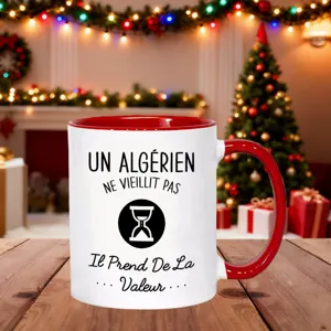 Funny French quote ceramic coffee mug with red handle and rim, perfect holiday gift idea.