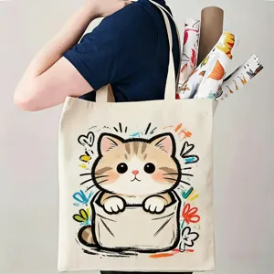 Casual τσάντα shopper από καμβά με χαριτωμένη γάτα, ιδανική για φοιτητές και χρήση.