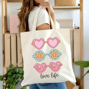 Sac cabas en toile avec imprimé lunettes rétro, sac à épaule décontracté pour les cours et bureau.