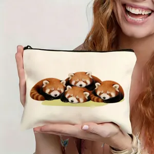 Cute red panda print canvas zipper pouch, perfect for daily makeup storage and travel use.