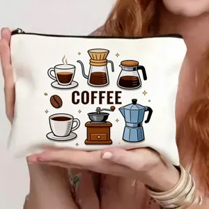 Witte canvas make-up tas met schattige koffieprint en rits voor dagelijks gebruik.