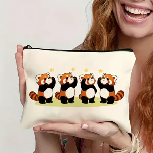 Canvas zipper pouch featuring cute red panda cartoon print, ideal for daily makeup and travel storage.