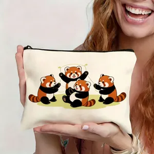 Cute red panda print canvas makeup pouch detail, perfect travel cosmetic bag for daily use.