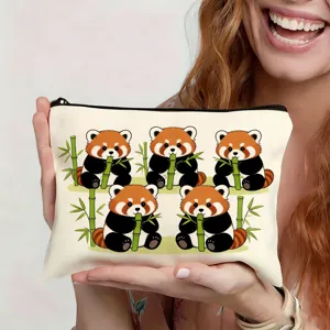 Close-up of a cute red panda printed cosmetic pouch, featuring a handy black zipper closure.