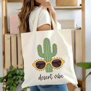 Sac cabas en toile décontracté avec imprimé cactus, sac épaule idéal pour l'école et le bureau.