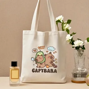 Minimalist Canvas Tote Bag Cute Cartoon Print Casual Shopping Handbag Large Capacity Daily Commuting Shoulder Bag Women