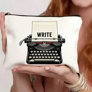 Canvas cosmetische tas met vintage schrijfmachine print detail, draagbare make-up etui voor reizen.